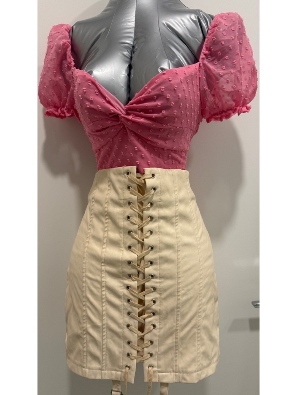 Pink Swiss Dot Babydoll Crop Top Puff Sleeve Bow Back Barbiecore Small